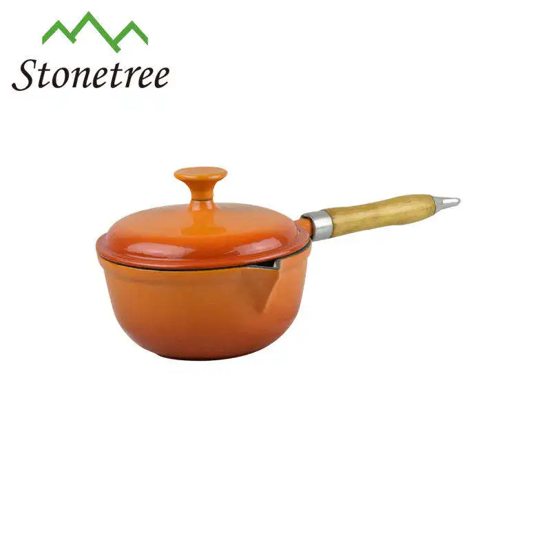 Orange Enamel Cast Iron Double Wall Whistling Milk Pot With Wooden Handle