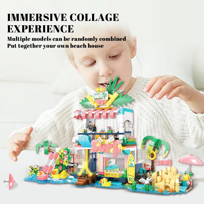 WOMA TOYS C0256-DS 617pcs 4 in 1 sea beach holiday house scenes land building block brick toy set for kids