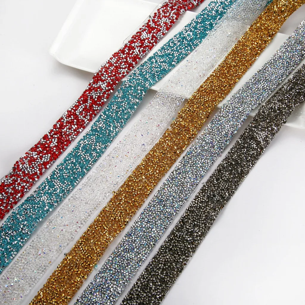 
Colorful Sparkling Rhinestone Hotfix Ribbon Bling Chain Banding Belt for DIY wedding dress 