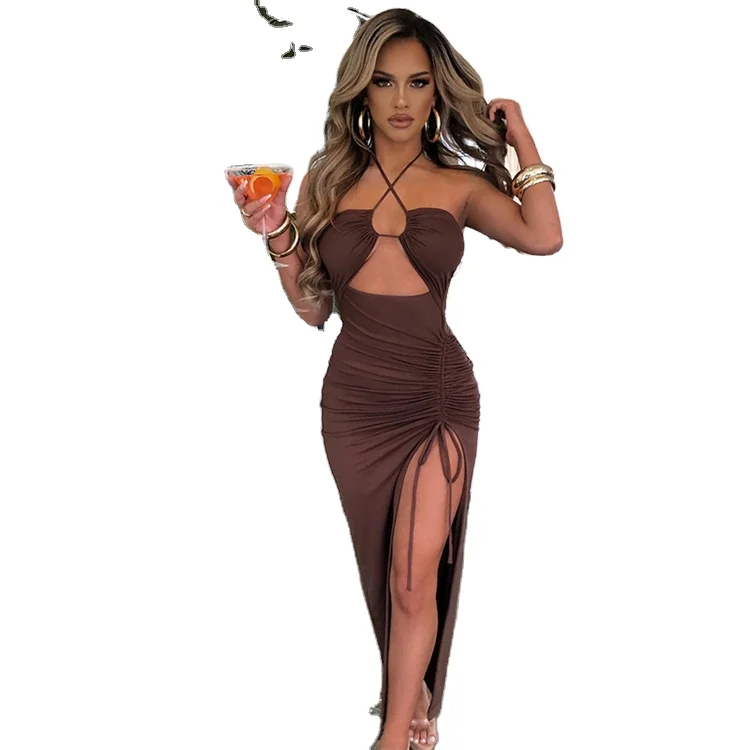 Women Party Club Dress Sexy Hot Spicy Girl High Slit Pleated Halter Long Dress Elegant Ladies Evening Long Dresses 2024 Ins New
