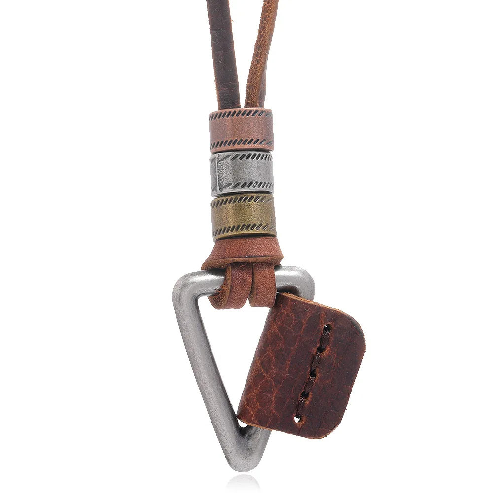 Genuine Leather Cord Chain Jewelry Vintage Hollow Square Pendant Necklace Mens Charm Bronze Antique Necklace Size Adjustable