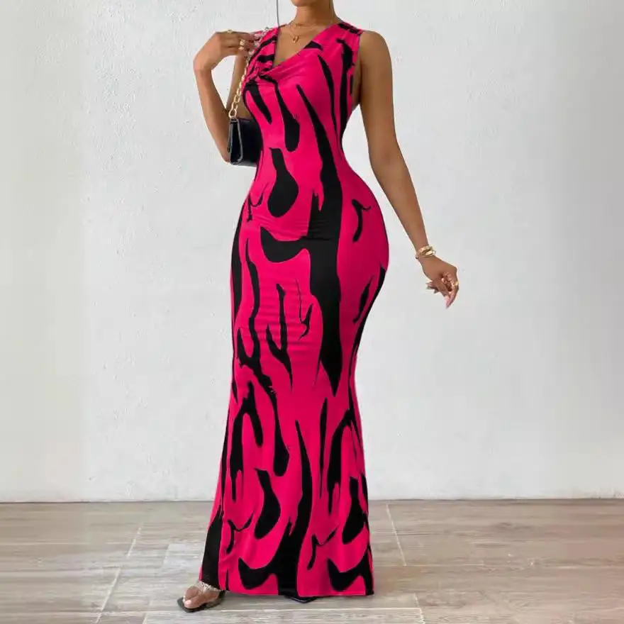 Wholesale V-neck Casual Dresses Long Halter Sleeveless Slim-fit Dress for
