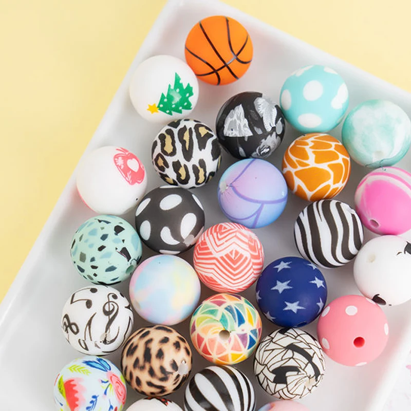 Hot Selling Newborn 100% Food Grade Silicone Beads Teething Printed Silicone Bead