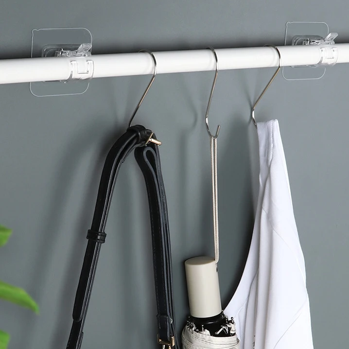 Curtain Rod Support Hook Telescopic Rod Hook with Perforation-Free Retainer for Home Bathroom Kitchen Closets & Organizers