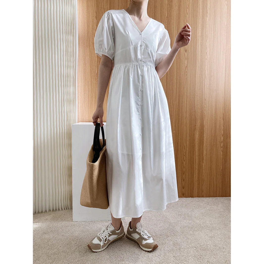 
2021 autumn designer women casual solid puff sleeve V neck lace up Chiffon vestidos maxi dresses 