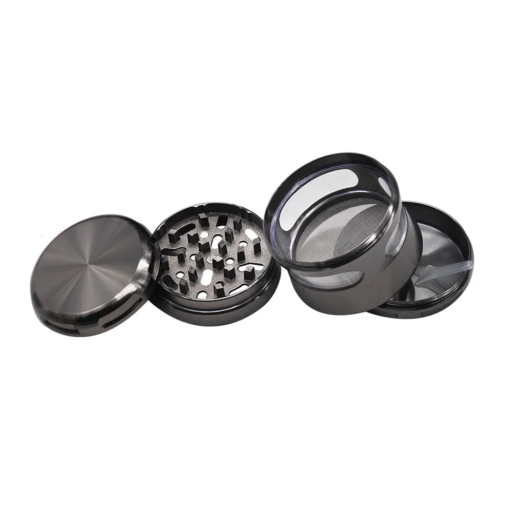 Wholesale Custom Logo Zinc Alloy Metal Green Black Color With Observation Window 63MM 4 Parts Herb Grinder Pepper Mill Crusher