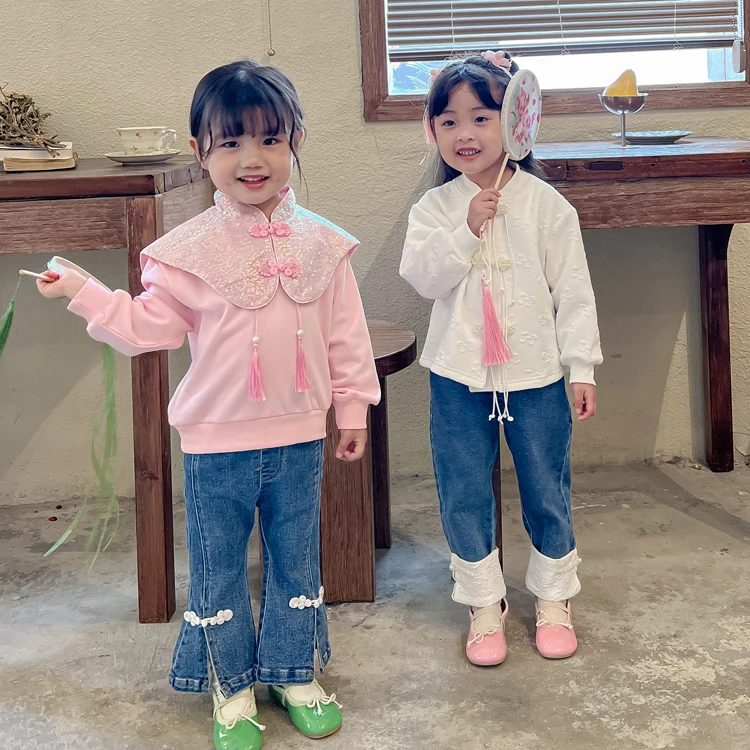 Chinese Style Girls Clothing Sets Excellent Embroidery Kids T Shirts Clothes for Children Jeans for Girl