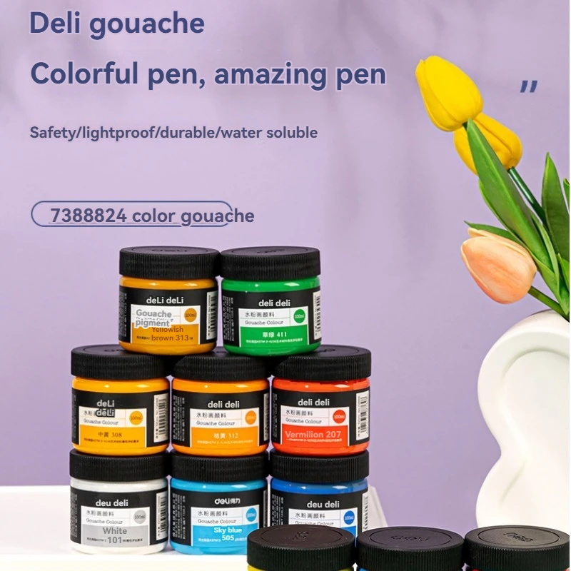 Deli 73888 lake blue Gouache paint for art students 100ml transparent bottled painting pigment 96botttle per carton set