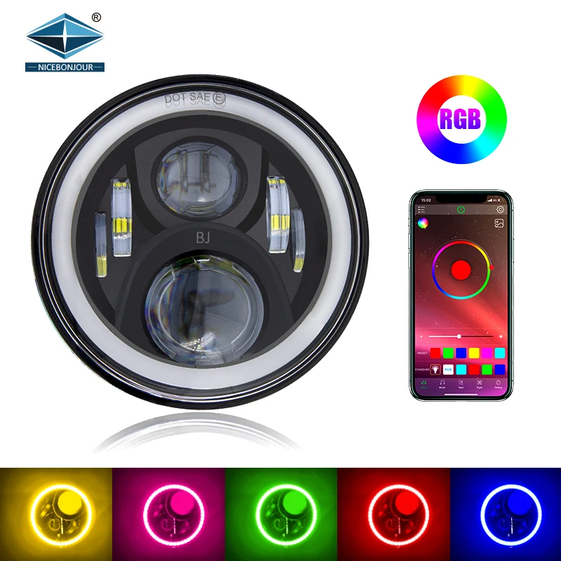 Dot Drl Led Lighting Auto Headlight Phone App Control 12V Round 7 Inch Led Headlight Chrome Rgb
