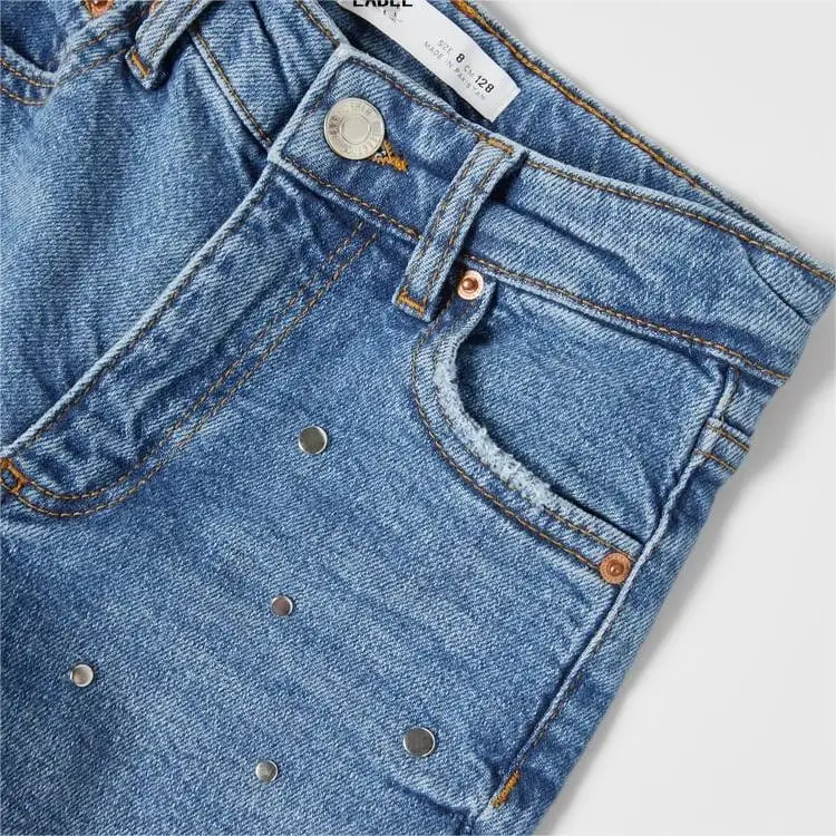 OEM Custom Fashion Studded Rivets Cotton Kids Enzyme Wash Denim Skinny Jeans Pants For Girls