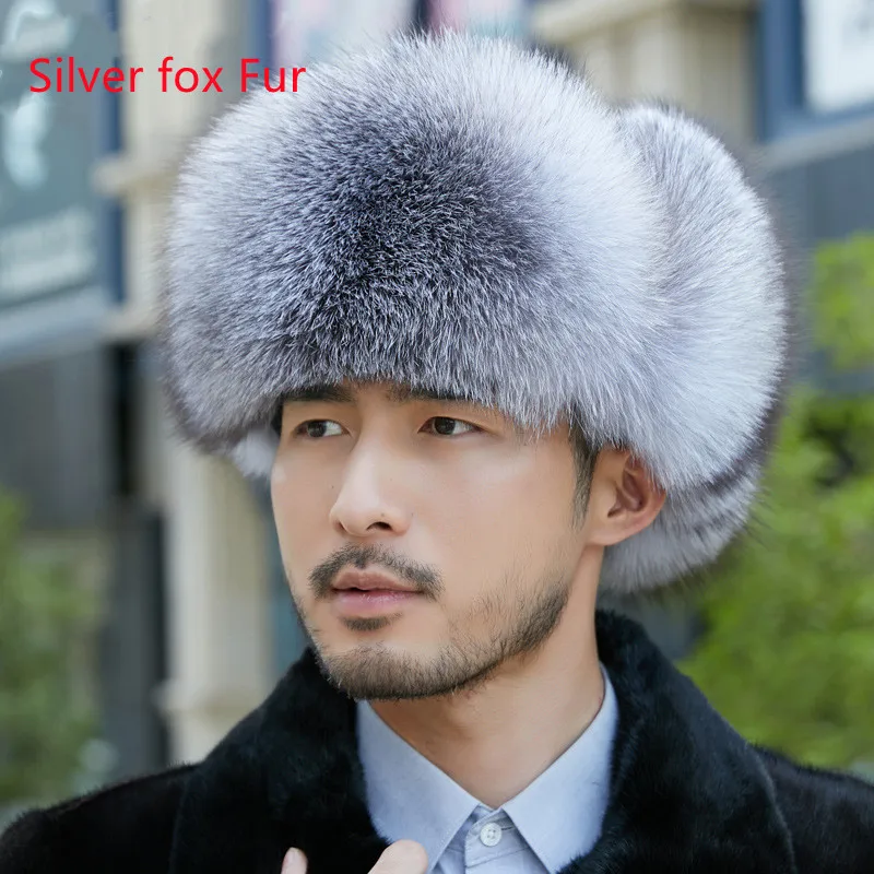 Custom Russian Winter Earflaps Fox Fur Leather 5 Panel Trooper Silver fox Australian Sheepskin Men Women Ushanka Trapper Hat