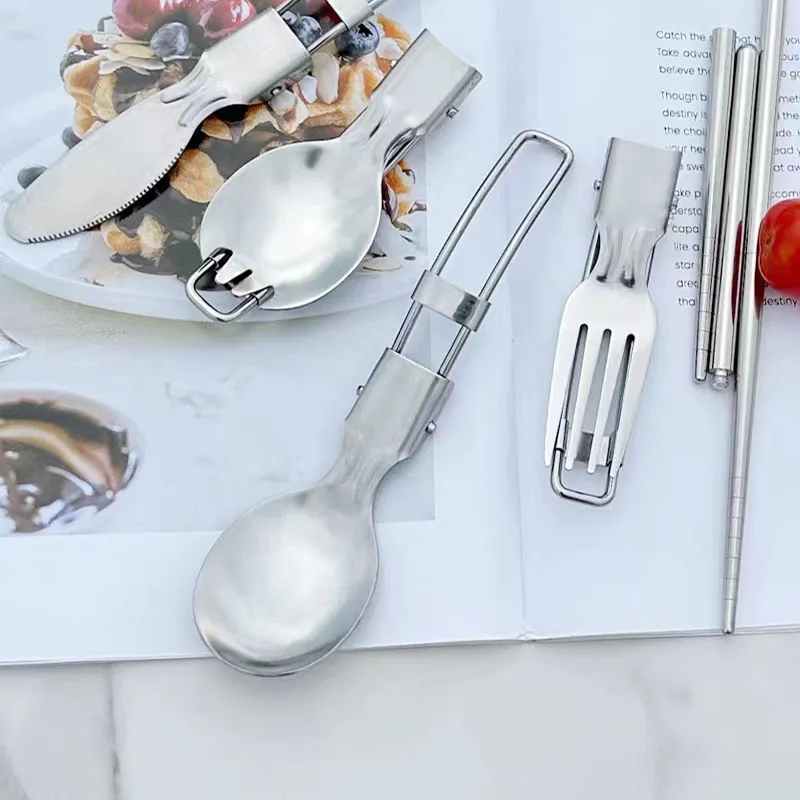 5 Pcs Set Folding Spoon Noodle Fork Chopsticks Portable Cutlery Multipurpose 304 Stainless Steel Outside Camping Tableware Sets