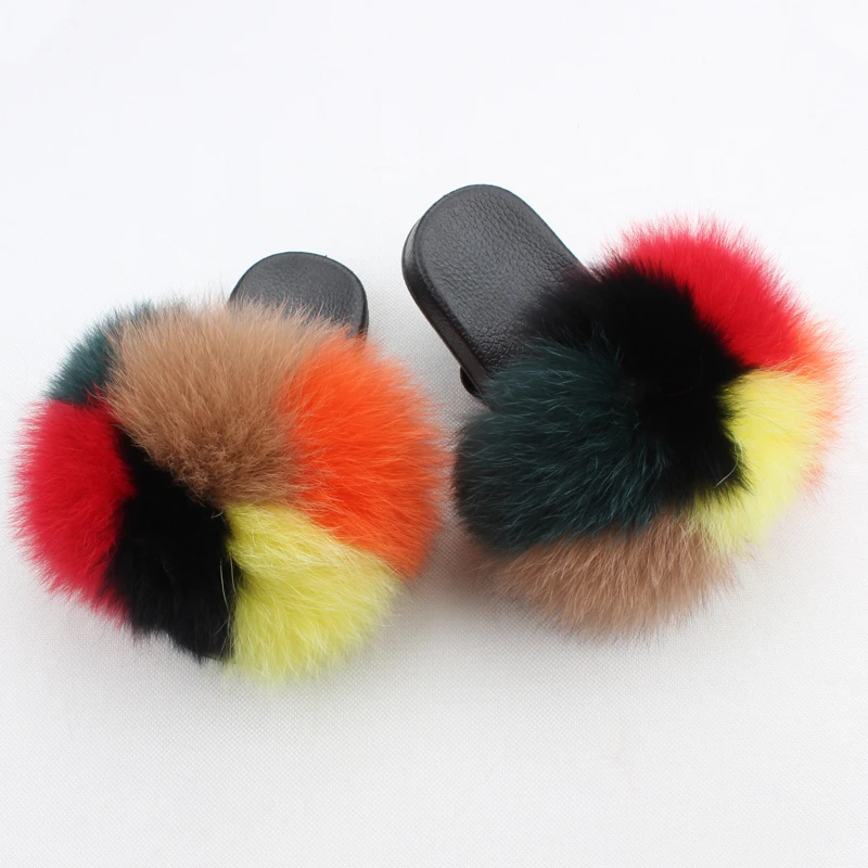 Wholesale Soft Fluffy  Kid Fur Slippers Custom Children Fox Fur Shoes Kids Fur Slides