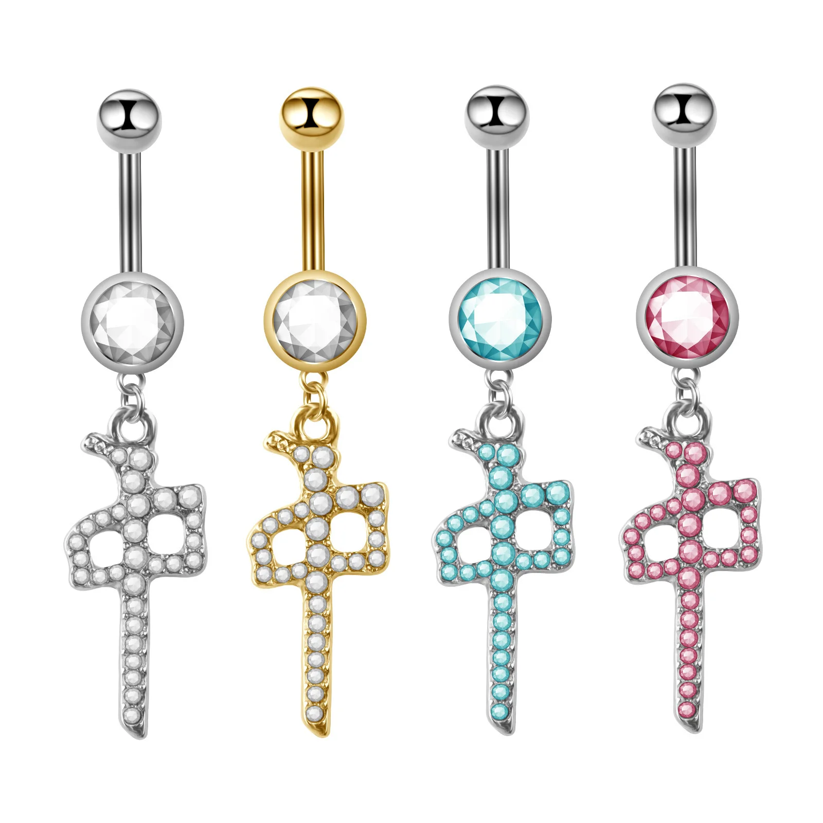 Zesen New Chinese style stainless steel navel nail Chinese character inlaid diamond navel ring body piercing jewelry