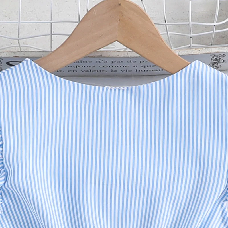2024 Summer Casual Teenage Girl Clothes Ruffle Fly Sleeve V Neck Striped Print Casual Dress Holiday Dresses For Children