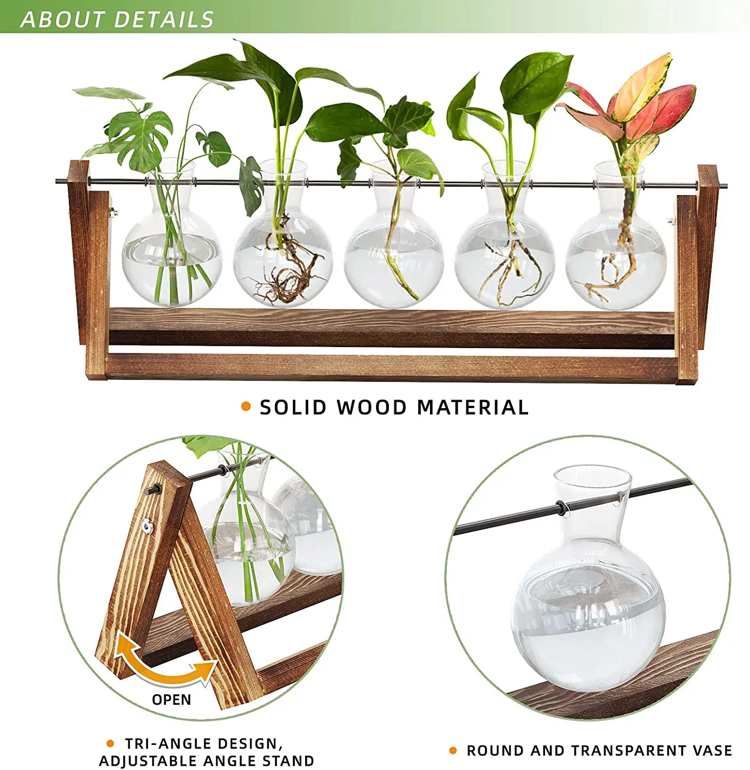 OEM Desktop Glass Bulb Plant Terrarium with Retro Solid Wooden Stand and Metal Swivel Holder for Home Garden Wedding Decor