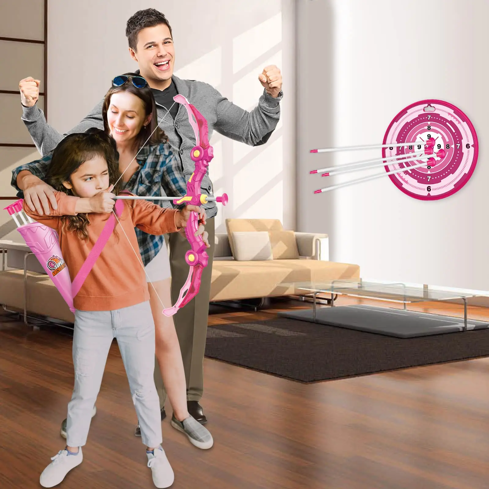 Archery Set Bow and Arrow Toys with LED Flash Lights for Kids Girls Indoor Outdoor Activity with 10 Suction Cup Quiver & Target