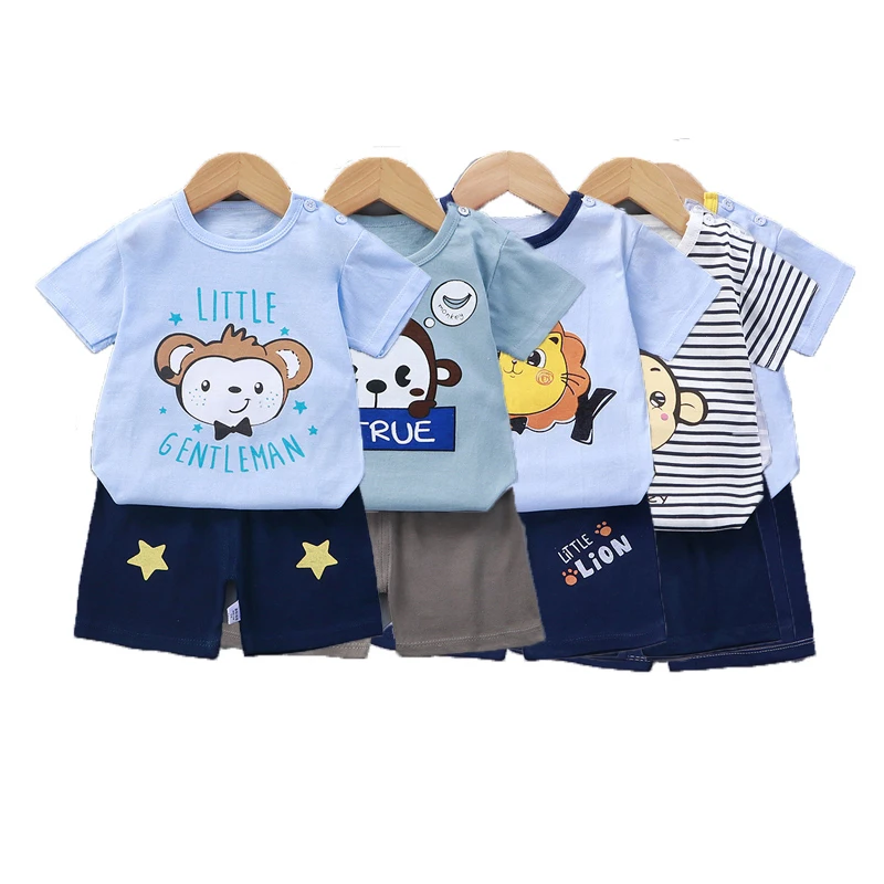 Hangzhou Poly 100% Cotton Short Sleeve Sweat Suit Sport Children 2pcs Baby Boys Clothing Sets