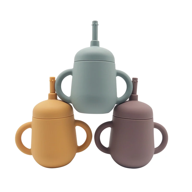 200mL Portable Unbreakable Kids Toddler Baby Training Soft Silicone Water Drinking Sippy Cup With Straw and Handle