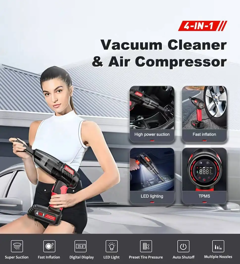 Powerful Upgraded 4 In 1 Rechargeable Hand Helo Vacuum Cleaner Portable Cordless Wireless Mini Car Vacuum Cleaner Air Compressor