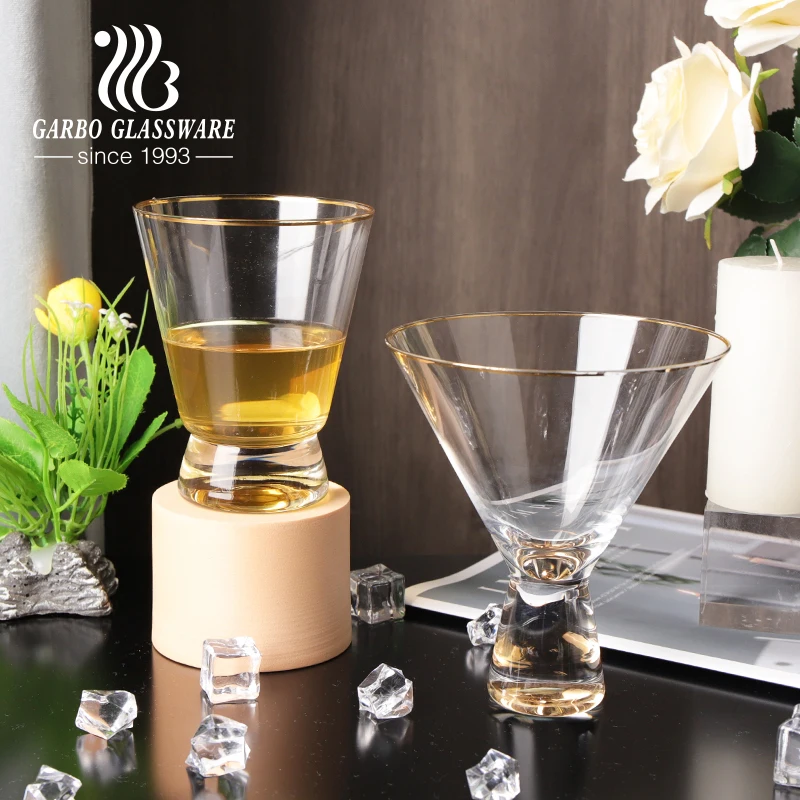 Handmade glass cup with decorative gold design V shape wine glasses bar use glassware cocktail wine glass for party