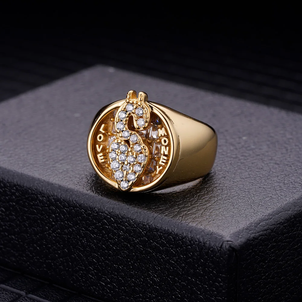 High Quality Hip Hop Custom Jewelry Signet 9k 10k 14k 18k Gold Plated Brass Signet Love Money Dollar Ring