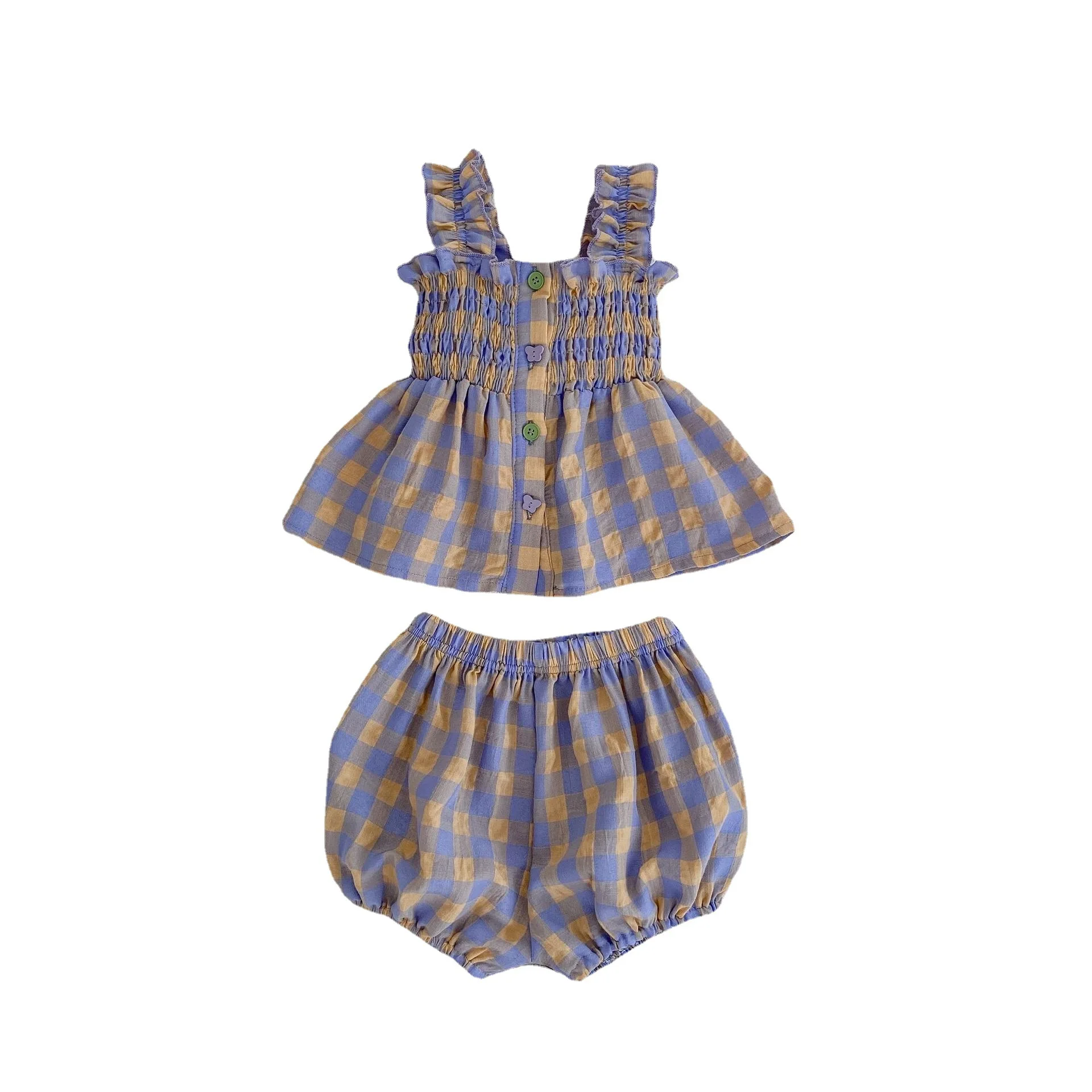 Summer Baby Girl Plaid Suit Sleeveless Doll Shirt and Flower Shorts  Two Piece Outfits Purple Baby Girl Clothes Set