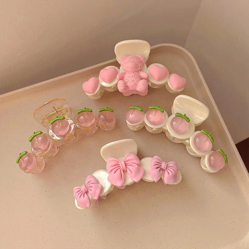 Pink Trendy Girls Hair  Claw Clips Plastic Flower Decor Solid Hair Accessories