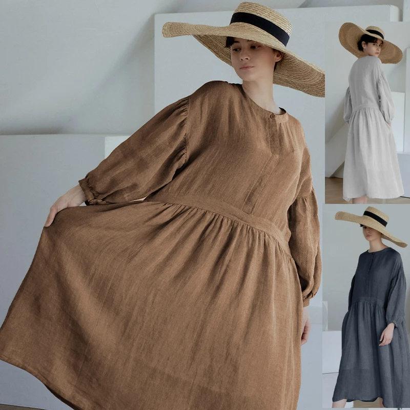 Wholesale stock 2022 new arrival elegant casual korean Japanese style organic plus size cotton linen womens long dresses