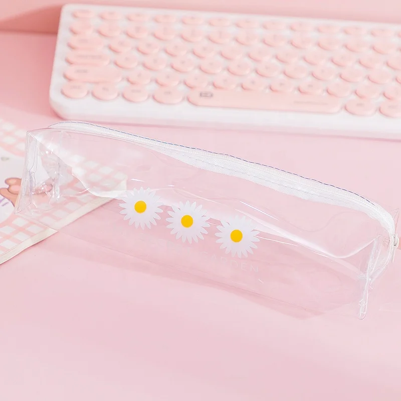 Clear daisy printing pencil case eco-friendly zipper custom print transparent pvc pencil case