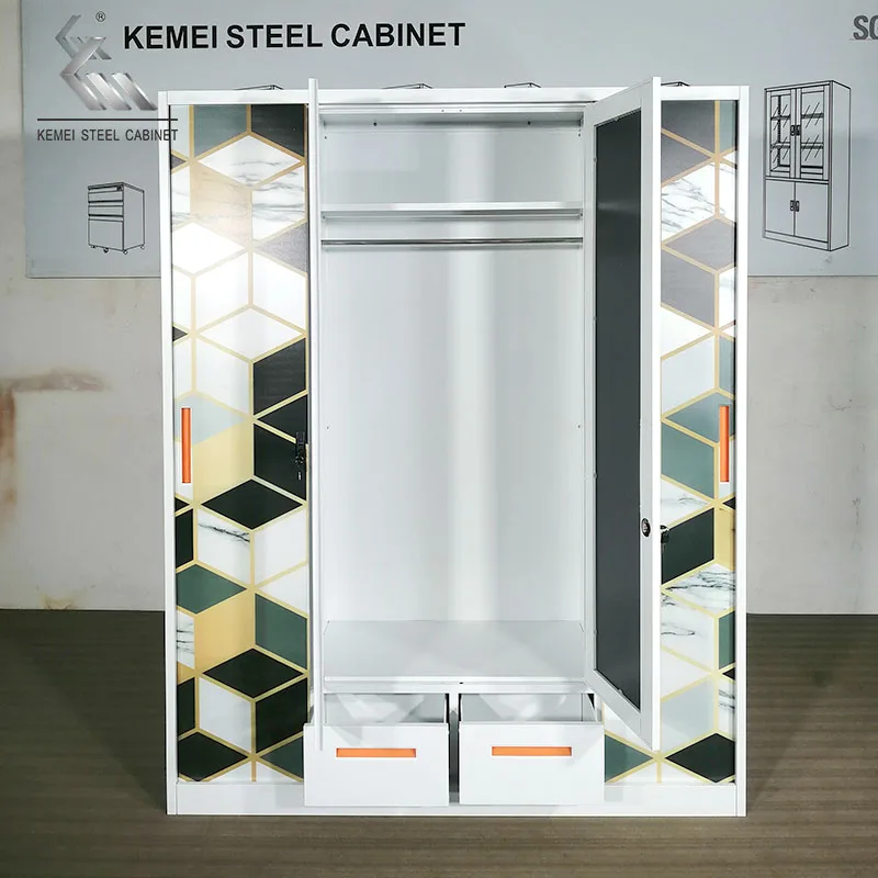 Home Baby bedroom iron 4 door steel almirah wardrobe printing pattern sliding door metal wardrobe