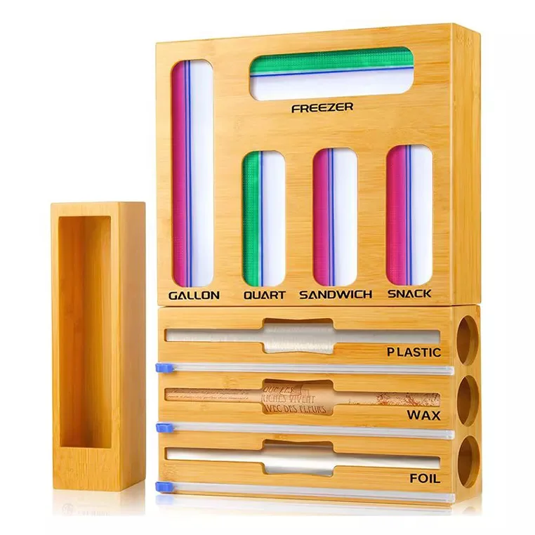 Trending Products 2023 Kitchen Bamboo 9 in 1 Food Ziplock Bag Storage Organizer Wrap Foil Plastic Dispenser