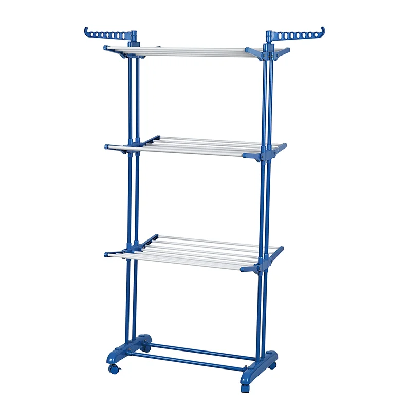 Wheels Steel Laundry Foldable 3 Tiers Metal Tower Home Hanger Standing Airer Clothes Drying Rack
