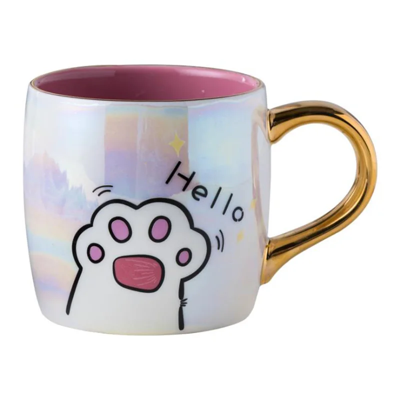 Solhui Nordic pearl glazed porcelain cat paw coffee mugs cartoon cute milk gift cup with lid and spoon
