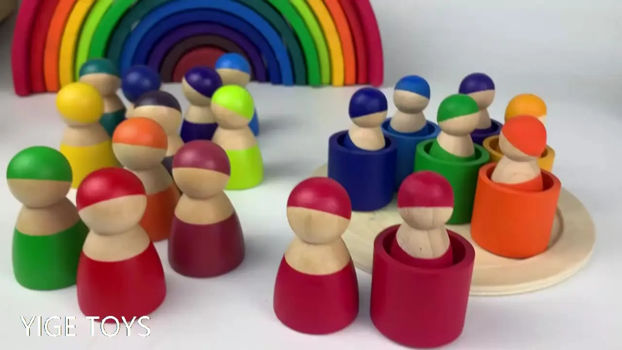 Wholesale Waldorf Doll Family Set Natural Beech Wood Pained Rainbow Peg Dolls In Cup Wooden Montessori Pegdolls Toys For Kids