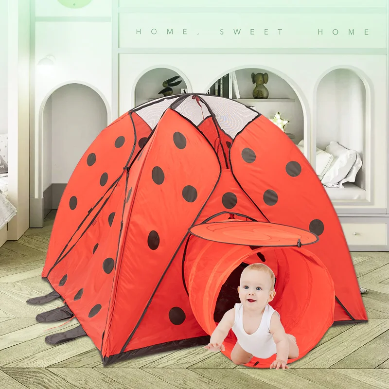 2-In-1 Kids Play Indoor/Outdoor Tunnel Tent Ladybug Cartoon Beach Sun Pop Up Tent Playground Beetle Game House for Children,Red