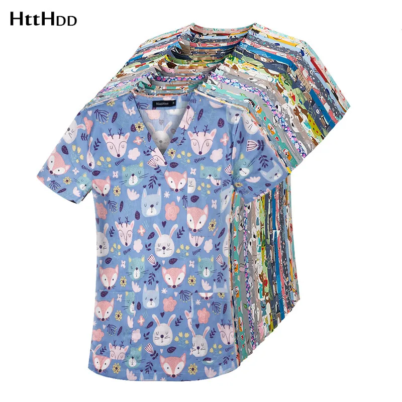 Htthdd Dentistry doctor nurse uniforms Beauty salon work clothes cartoon printing Breathable scrubs tops men and women wholesale