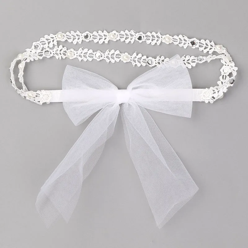 Wholesale Little Girls Hair Accessories Solid Colors Lace Hairband with Bow. Rhinestone Lace Headband