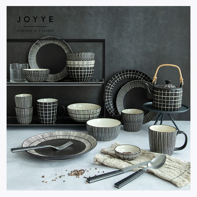 Joyye Kitchen black tableware set ceramic dinnerware set porcelain plates cup with saucer set