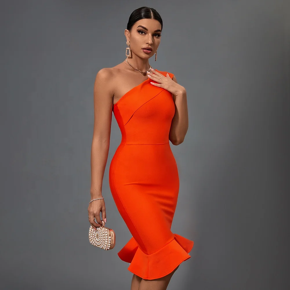 New In 2024 Ladies Bodycon High Waist Summer Dress Fashion Solid Color One Shoulder Sleeveless Classy Ruffled Dress