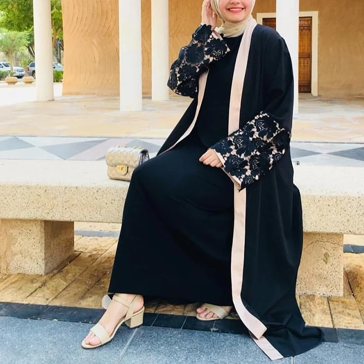 Traditional Muslim Clothing Front Open Black Abaya Arab Dubai Kaftan Abaya Women Polyester Adults Middle East Support Eid Abaya