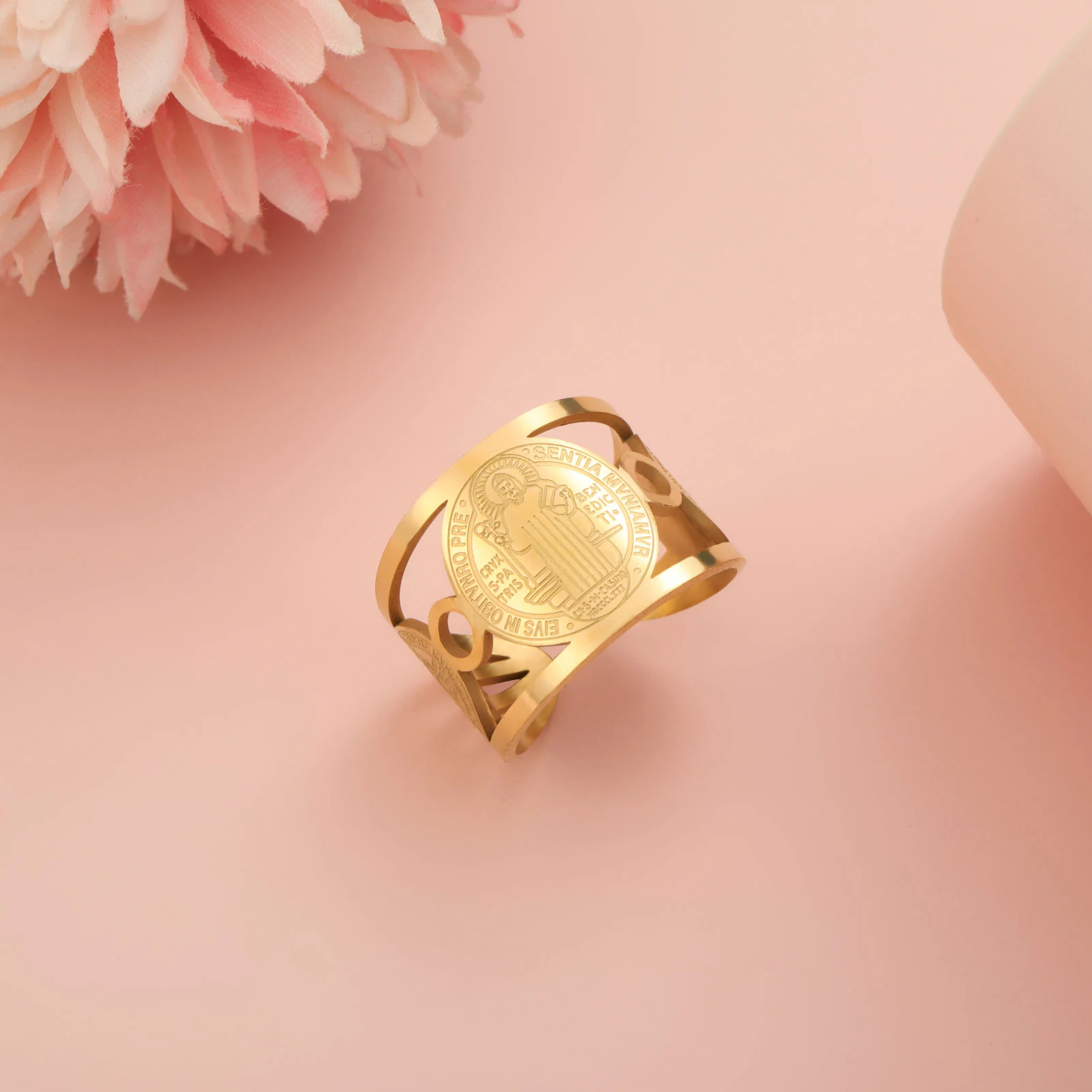 Saint Benedict of Nursia Ring Stainless Steel Finger Ring Holy Catholicism Religious Amulet Jewelry Gift for Men Women