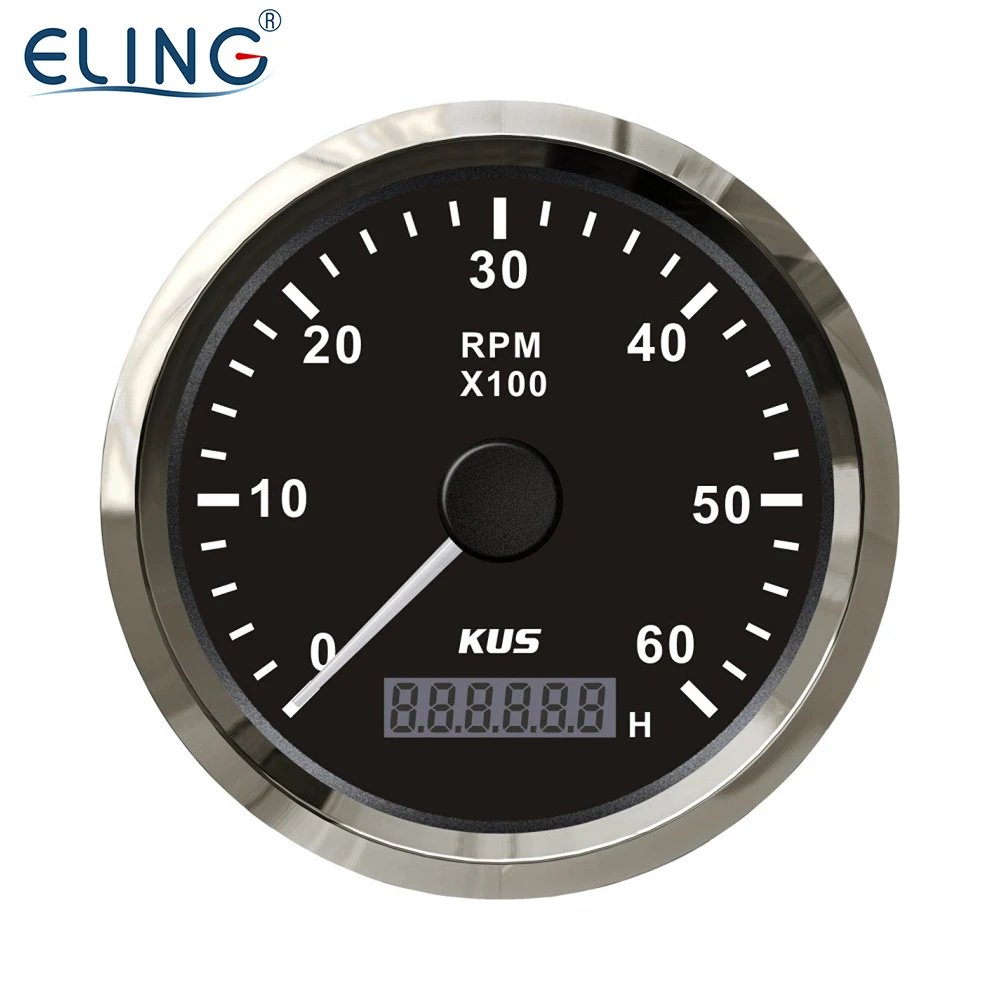KUS Tachometer RPM Gauge REV Meter with Hour Meter 0-6000RPM 85mm 12V/24V with Backlight