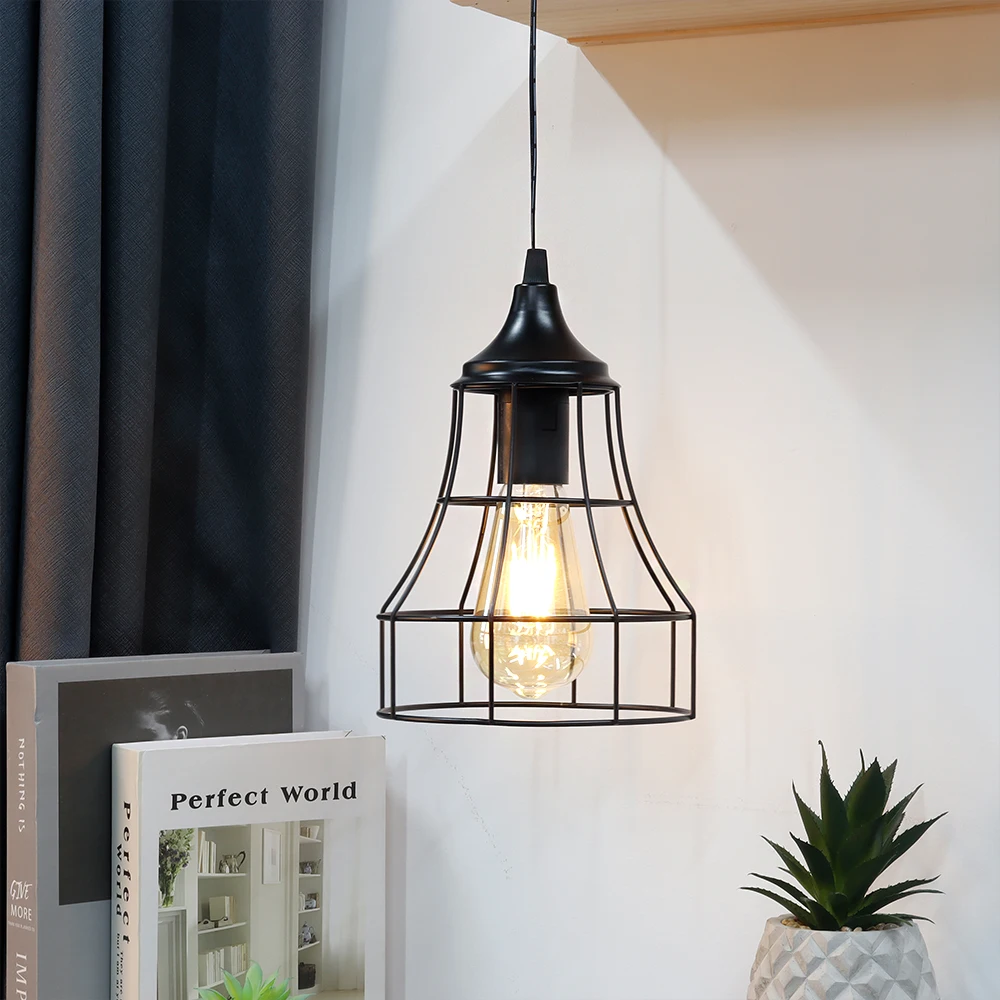 Hanging Lamp Black Battery Powered Decorative Pendant Lamp Metal Cage Battery Lamp with 6 Hours Timer for Bar Bedroom