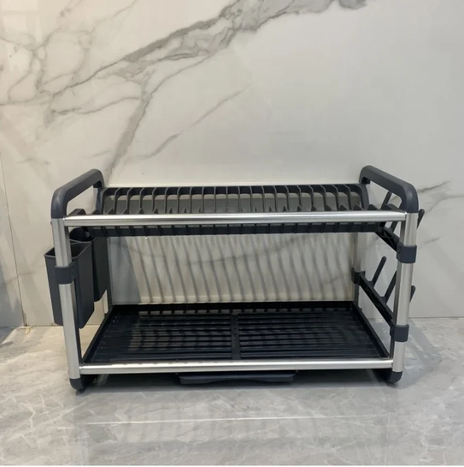 Aluminum Tableware Storage Dish Rack 2 Tier Dish Drying Rack Cutlery Drainer Layer Dish Drain Rack For Kitchen