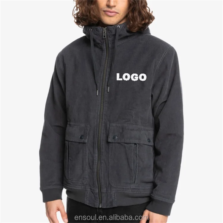 OEM Wholesale windproof warm custom logo fleece corduroy cargo men hooded jacket
