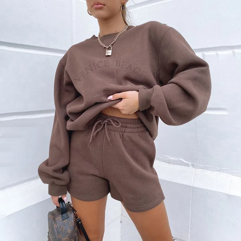 
Letter embroidery lounge sets women long sleeve o neck pullovers and drawstring short two piece set casual streetwear clothing 