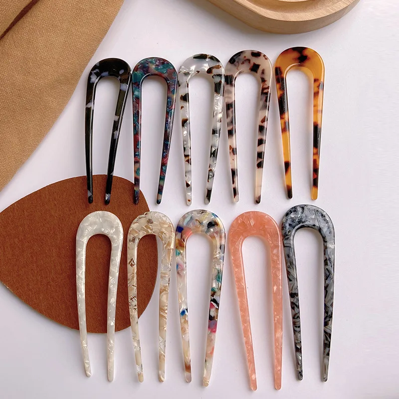 Cellulose Acetate Tortoise Shell U Shaped Designer French Hairpins Vintage Leopard Tortoiseshell Acetate Hair Stick Fork
