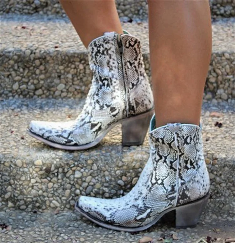
New Fashion Women Western Cowboy Ankle Boots Female Snake Skin Mid Heels Shoes Ladies Pointed Toe Shoes 