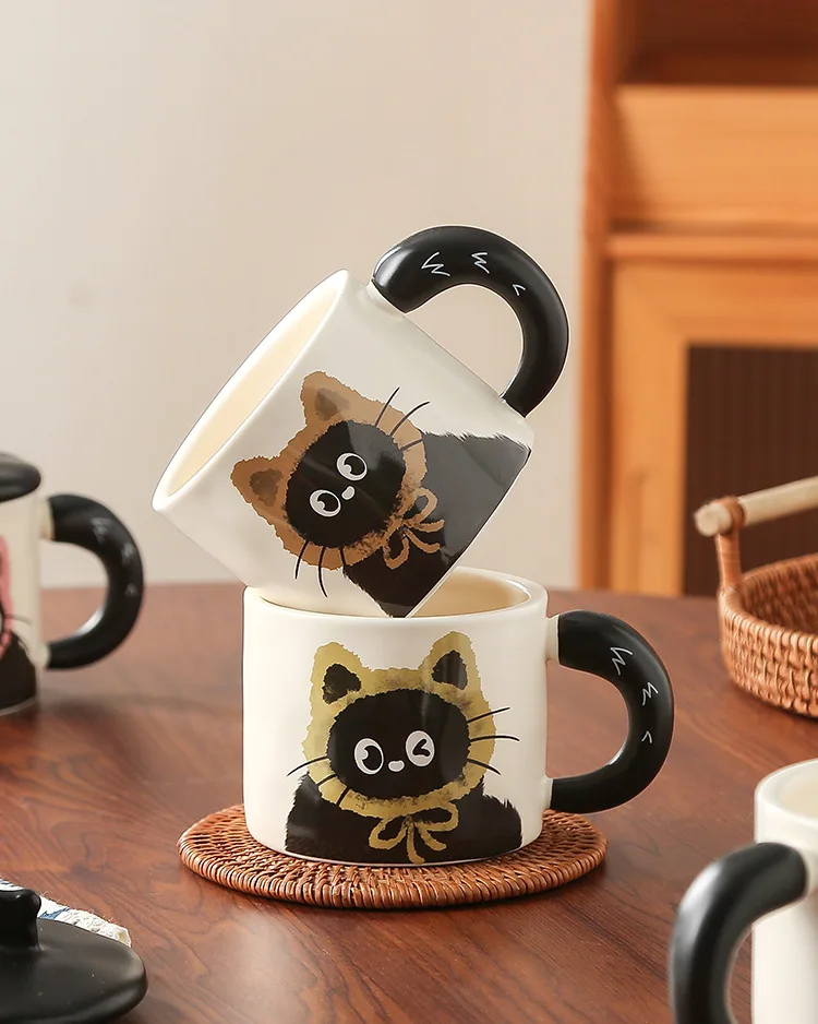 Hot Sale Cat Ceramic Mug Cute cat coffee cup with lid ceramic water cup with spoons good gifts coffee mugs